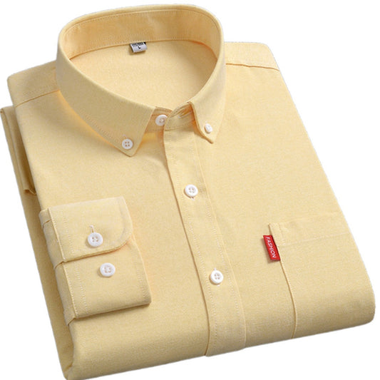100% Cotton Shirt for Men Oxford Fabric Long Sleeve Solid Comfort Single Pocket Design Standard-fit Button Yellow Social Shirts